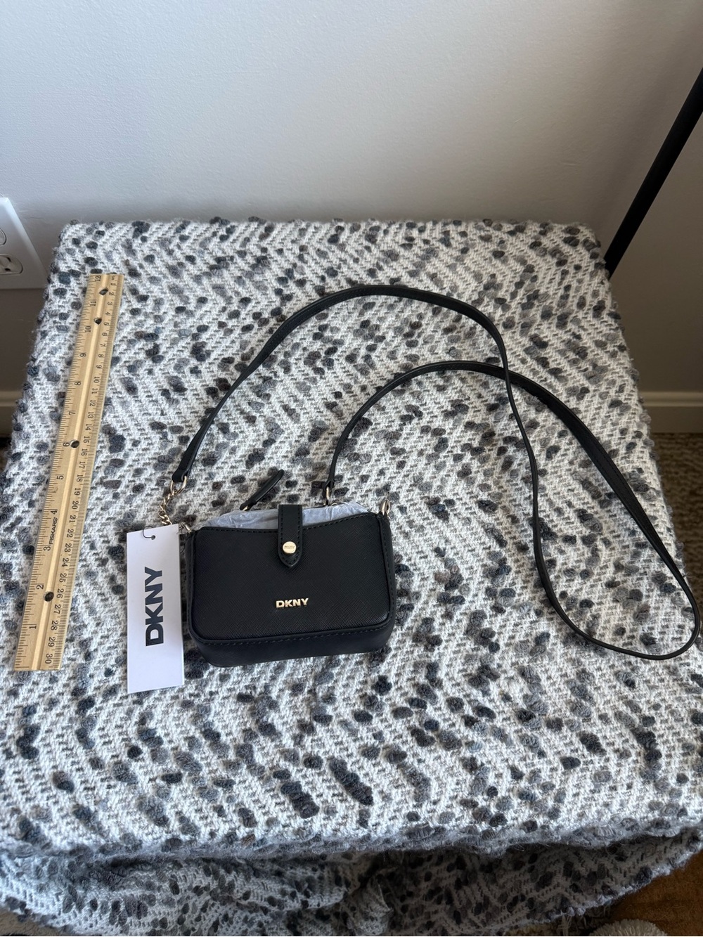 DKNY Black Leather Crossbody Card Wallet with Gold Hardware